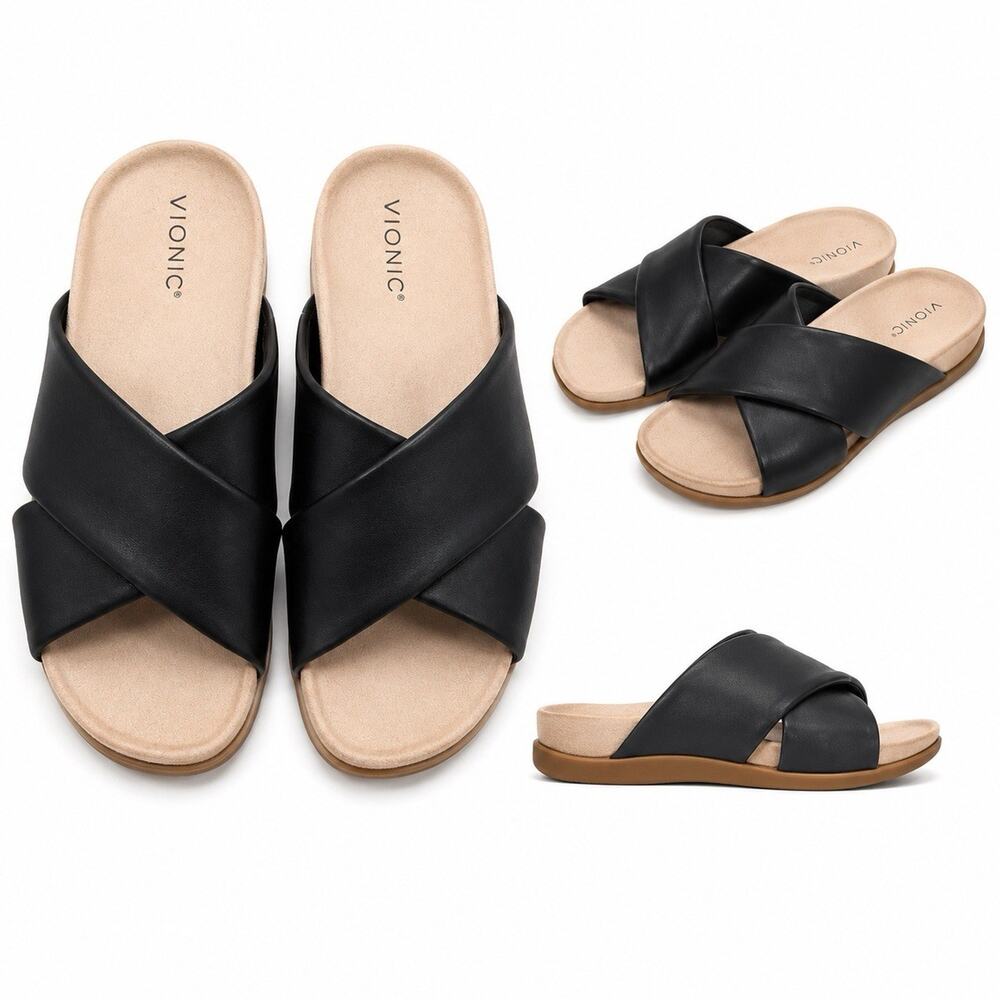 Vionic Azalea Slide Sandals Womens Size 8 Black Leather EUC